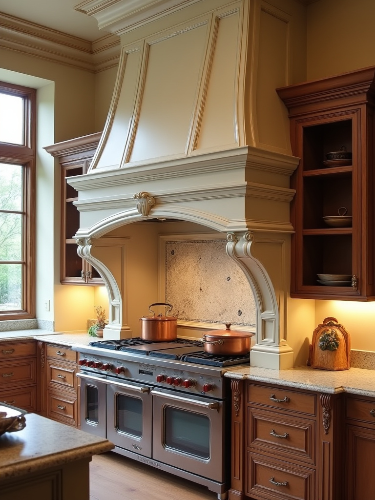 Traditional kitchen portrait with ornate statement range hood as focal point