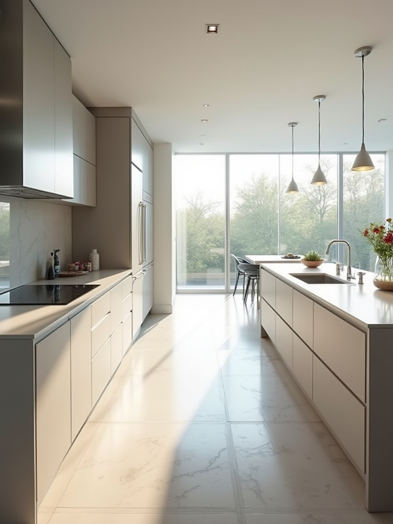 A professional photograph of a spacious, modern kitchen showcasing a floor plan with clear, wide pathways designed for optimal foot traffic flow, emphasizing safety and convenience. No people are in the kitchen.
