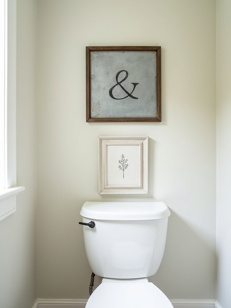 Farmhouse bathroom with galvanized metal sign above toilet and a botanical print on the wall, adding vintage-inspired rustic charm.