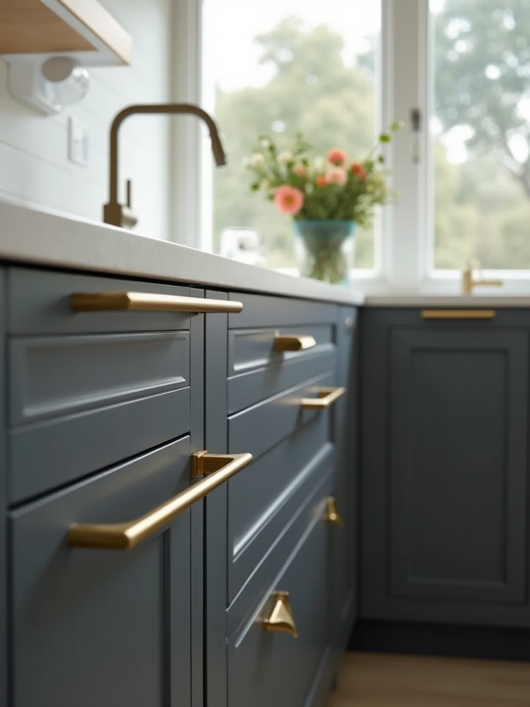 Modern kitchen close-up showing brushed brass cabinet pulls and matching faucet on dark gray cabinetry, exemplifying harmonious kitchen hardware design.