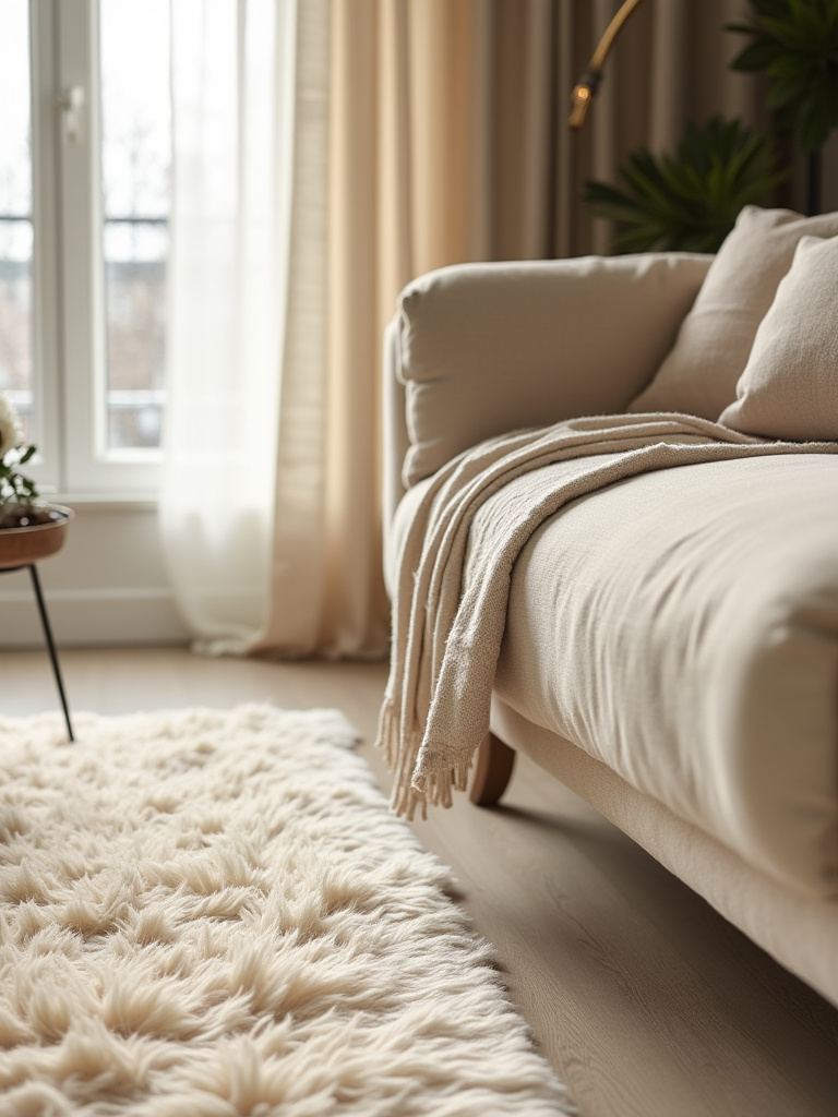 Harmoniously coordinated living room featuring a cream plush rug, a textured beige sofa, and sheer linen curtains, creating an inviting and unified textile scheme.