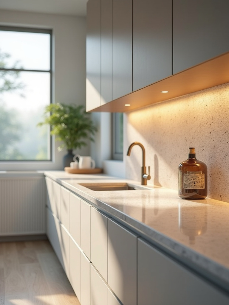 Vertical kitchen scene showing harmonized backsplash and countertop in cohesive design