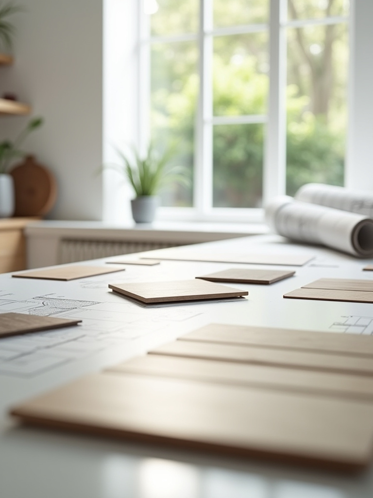 Organized kitchen design materials on a clean table, including wood swatches, tile samples, and countertop options, representing the critical process of identifying non-negotiable kitchen features before renovation begins. Minimalist setting with natural light emphasizing thoughtful planning.