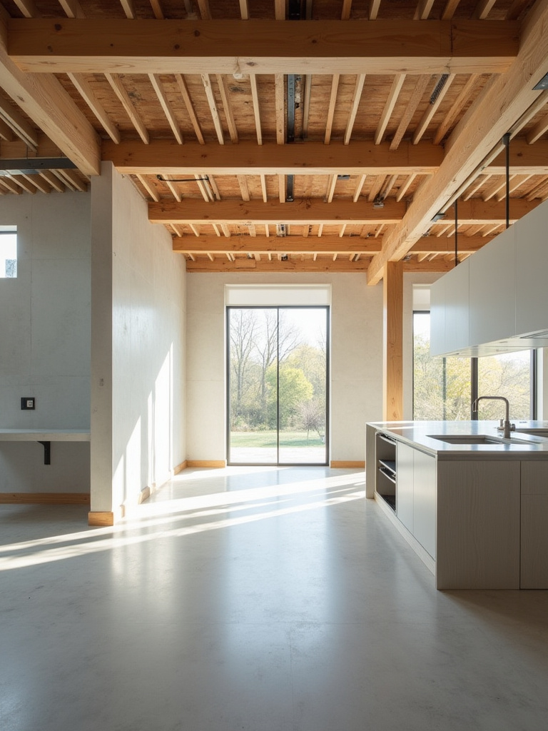 Modern kitchen undergoing renovation with a wall removed, creating an open-concept living space, bright with natural light.