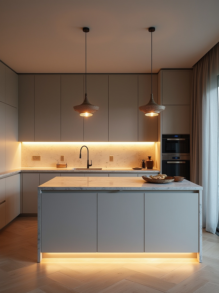 Modern kitchen with layered lighting featuring recessed lights, under-cabinet LEDs, and elegant pendant lights over an island.