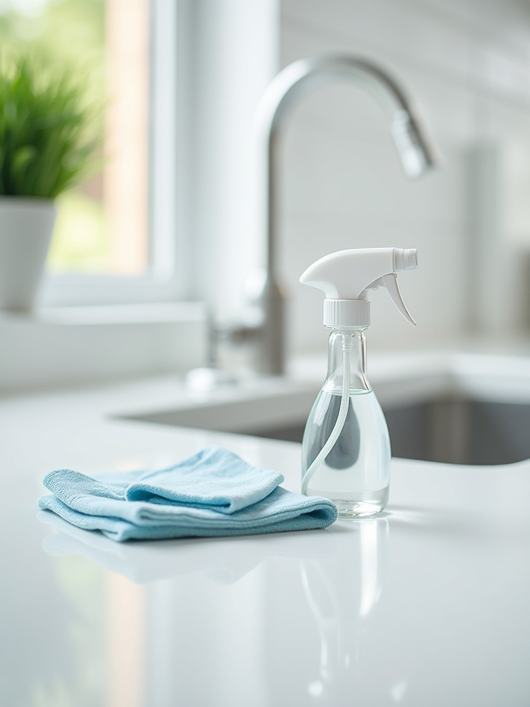Portrait of a clean kitchen countertop with cleaning station and no people