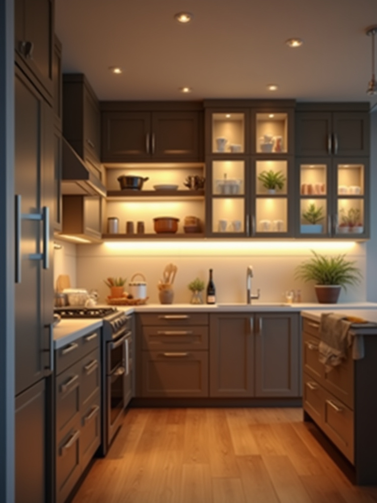 Vertical modern kitchen with dimmer panel and layered lighting across zones