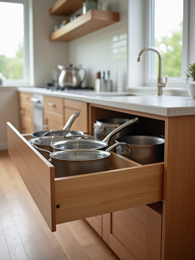 Modern kitchen ergonomic drawer system fully extended, showing organized pots, pans, and kitchen tools. Focus on accessibility and efficient storage in a contemporary kitchen design.