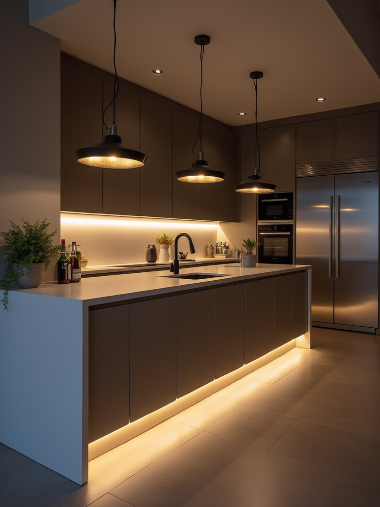 Contemporary kitchen with layered lighting, showcasing under-cabinet LED strips, recessed ceiling lights, and pendant lights over an island, all softly illuminated and demonstrating dimmable functionality for varied ambiance.