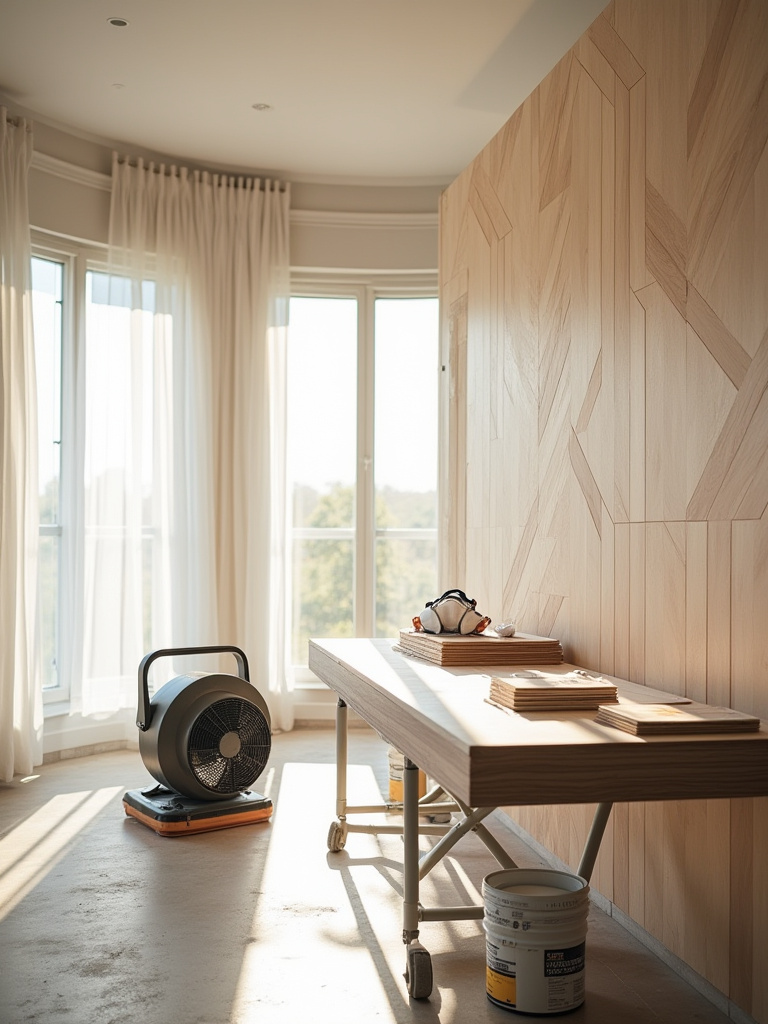 Dining room with a partially installed accent wall, featuring an open window and portable fan for ventilation. Safety glasses, respirator, and gloves are neatly laid out on a workbench.