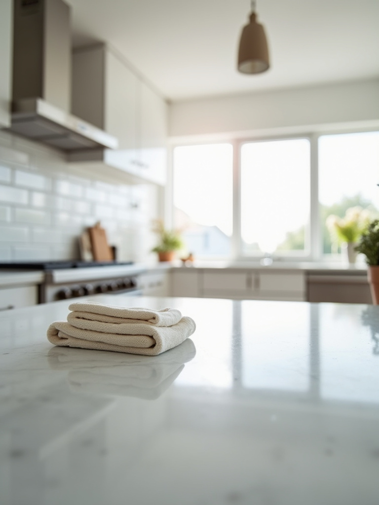 A pristine, modern kitchen with sparkling countertops and gleaming stainless steel appliances, reflecting effective kitchen maintenance.