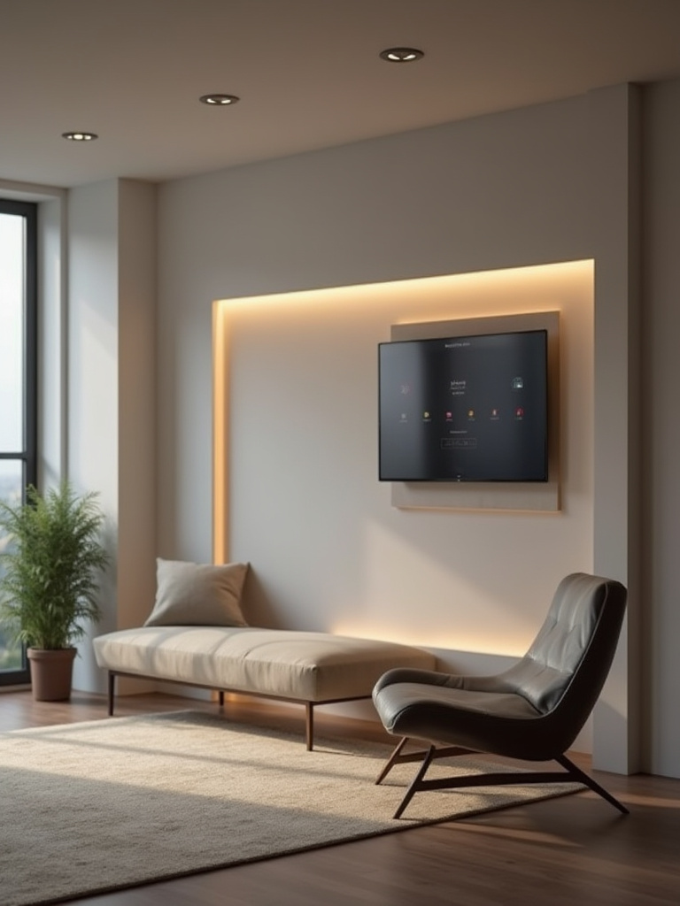 Modern living room with subtle smart home technology integration, showcasing automated lighting and sleek design.