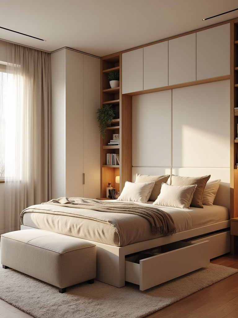 Cozy bedroom with smart storage solutions, including a storage bed, floating shelves, and an ottoman, keeping clutter out of sight.