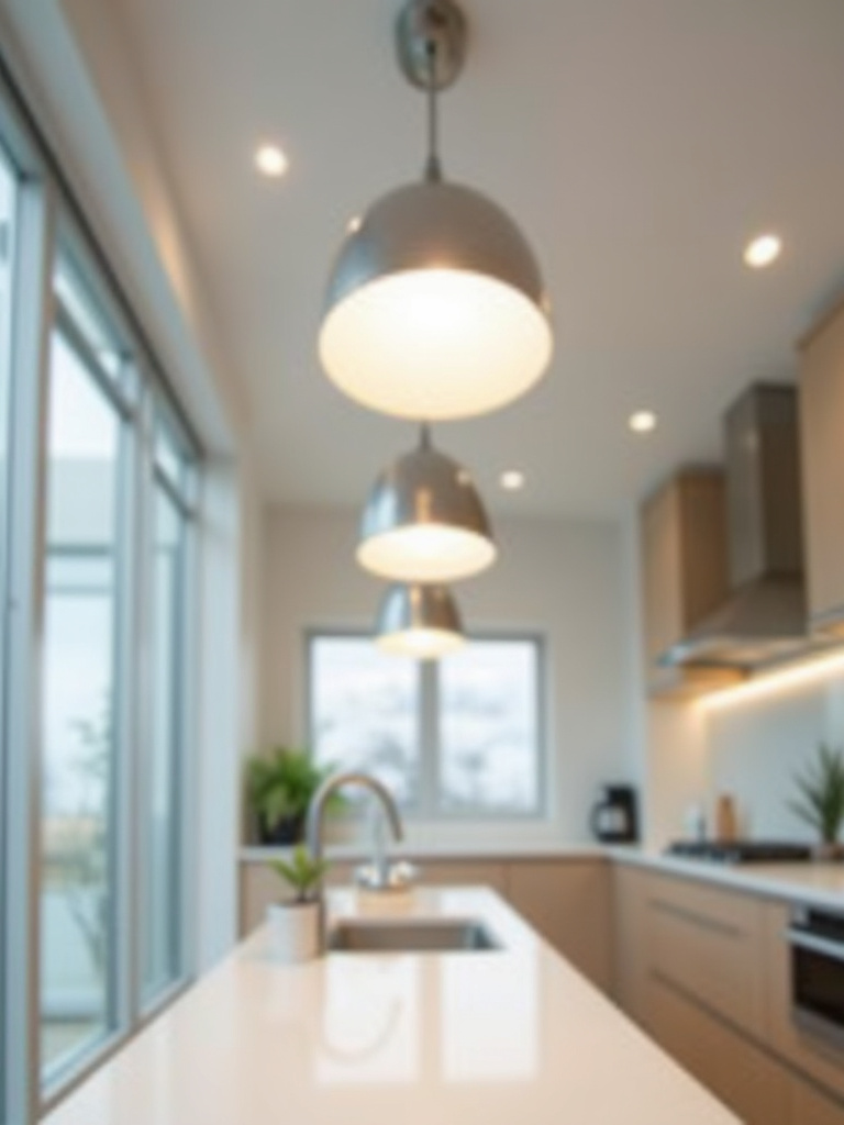 Portrait-style shot of a modern kitchen ceiling featuring clean fixtures and diffusers