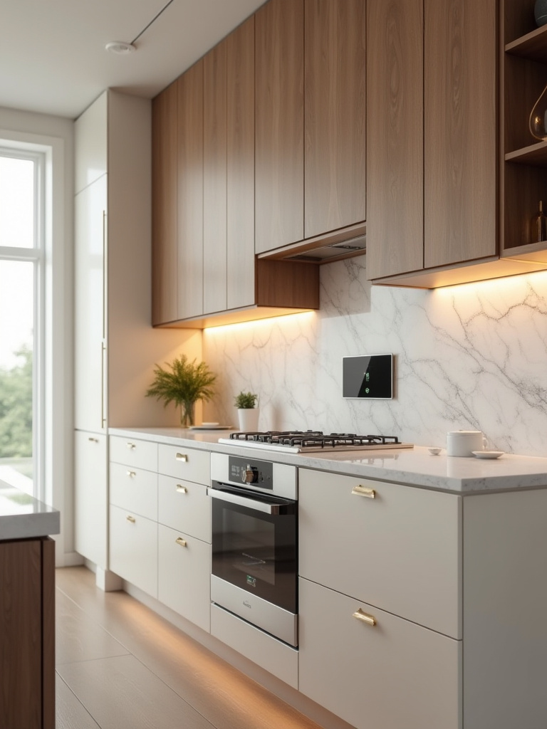 Portrait of a luxury kitchen with a sleek smart hub interface on the Calacatta marble backsplash