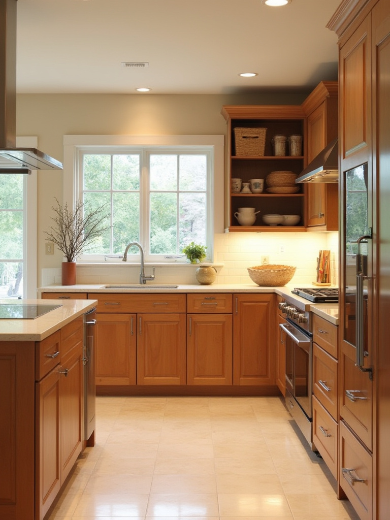 Vertical portrait of a traditional kitchen with organized drawers, cabinet storage, and a clutter-free countertop.