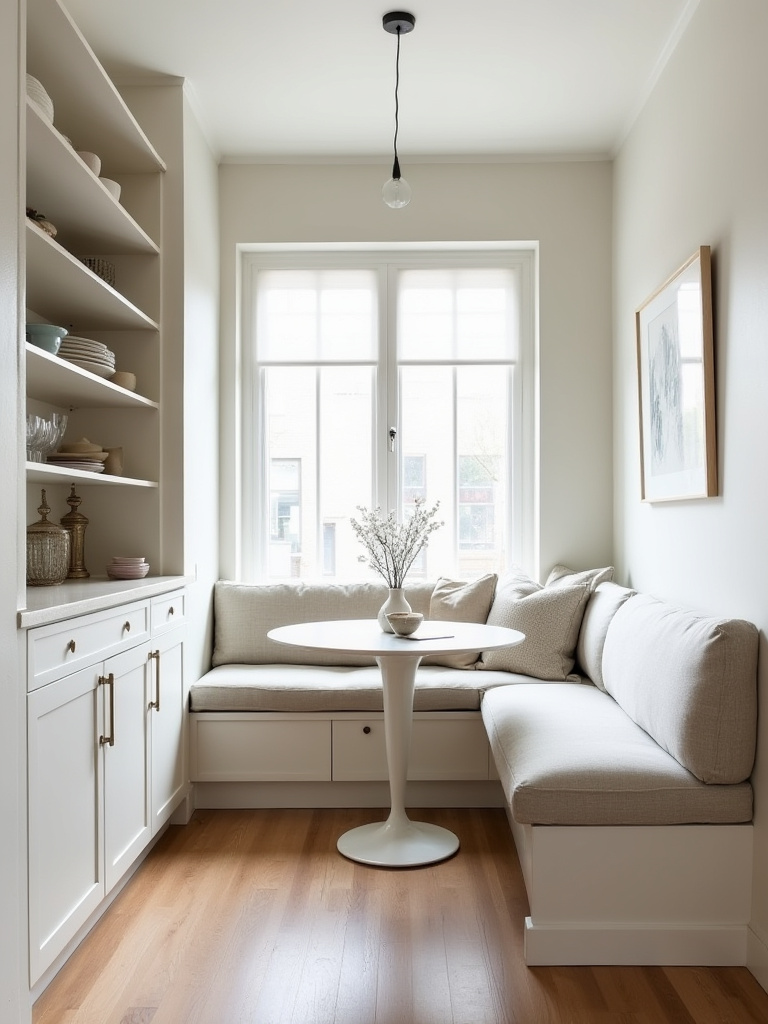 Small dining room with U-shaped built-in banquette seating with storage and integrated wall shelving unit, decluttering the space.