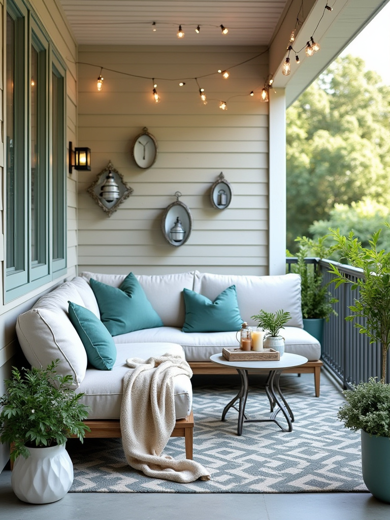 Cozy porch with complementary textiles and decorative accents