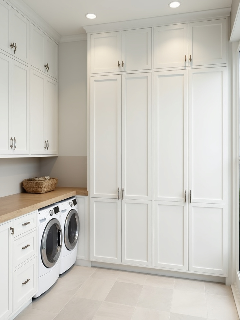 A modern mudroom laundry room with sleek, floor-to-ceiling white custom cabinetry that provides concealed, organized storage for appliances and essentials.