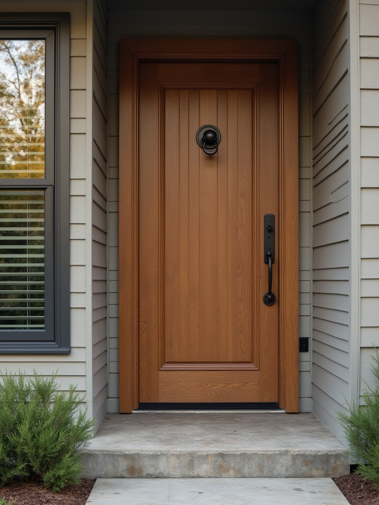 Elegant oil-rubbed bronze door hardware on a refined front entry door