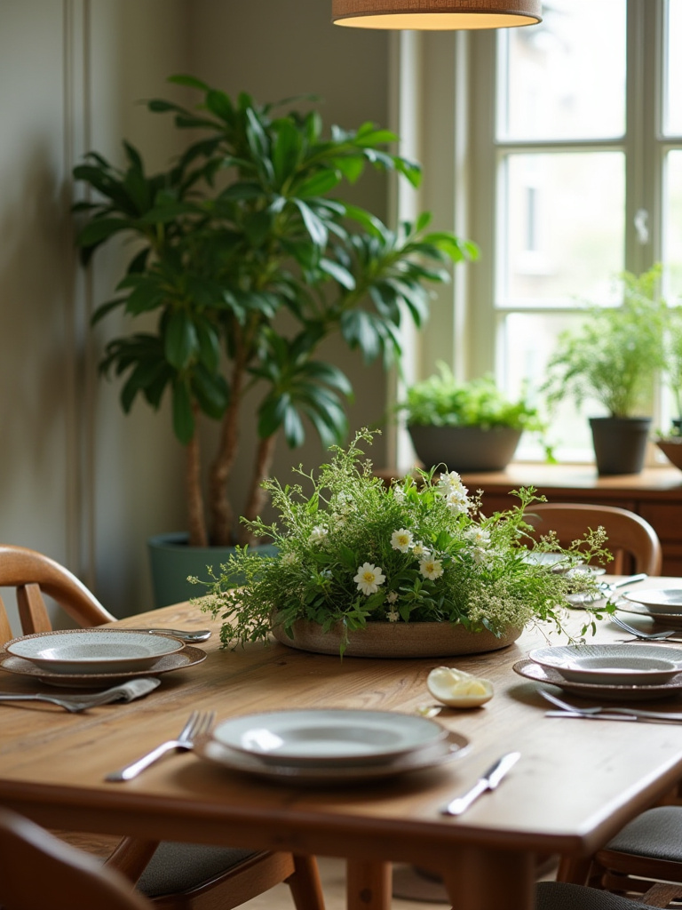 Portrait of dining room with greenery and floral arrangements