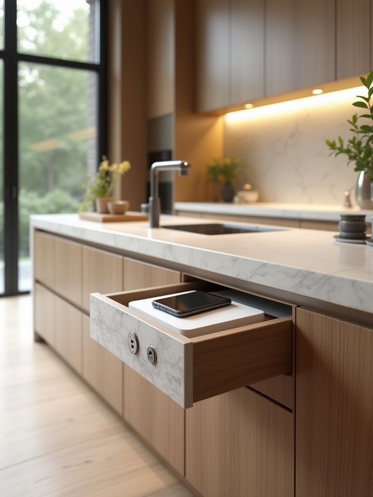 Luxurious kitchen with hidden charging stations integrated into drawers and countertops, cables hidden from view