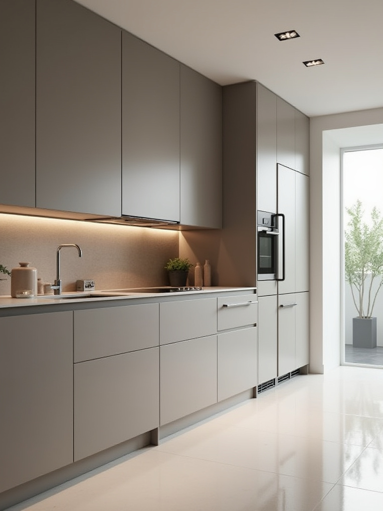Modern kitchen with custom cabinetry seamlessly integrating appliances like refrigerators and dishwashers, achieving a uniform, minimalist aesthetic with hidden fronts.