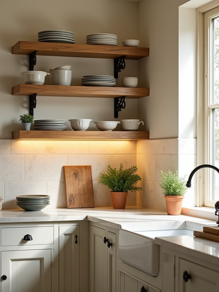 Traditional kitchen open shelves with decorative brackets displaying dishes and herbs