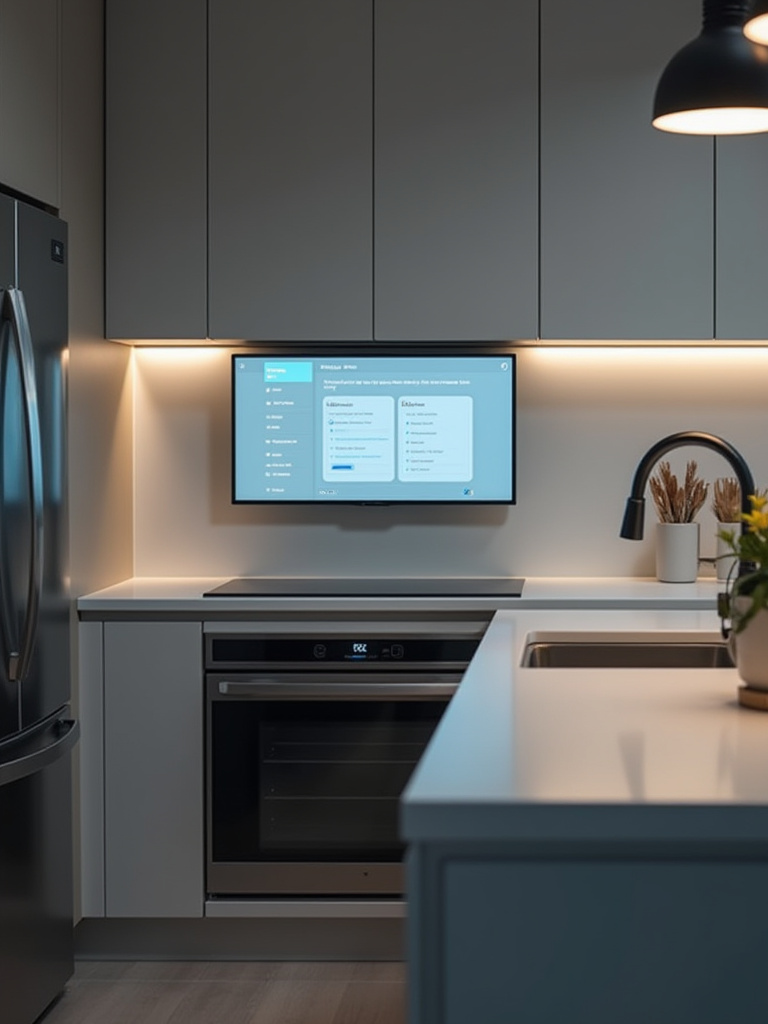 Modern kitchen with integrated smart home technology, featuring a sleek wall-mounted display, automated LED lighting under white cabinets, and stainless steel smart appliances.