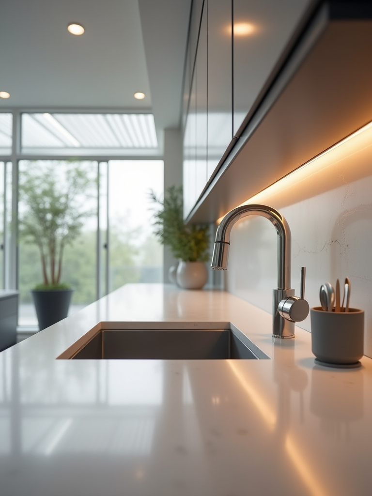 A sleek, modern kitchen featuring integrated smart home technology, including a smart faucet, built-in display, and automated lighting, demonstrating modern efficiency and convenience.