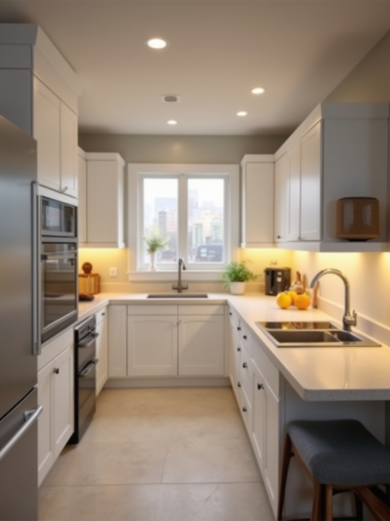 Portrait of a modern kitchen highlighting smart lighting controls and ambient color-temperature zones.
