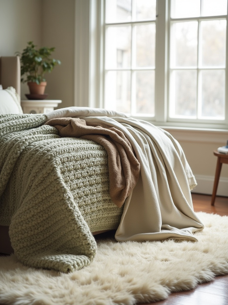 Bedroom with layered soft textiles including a large plush area rug, chunky knit throw, and faux fur blanket on a bed, creating a cozy and inviting retreat.