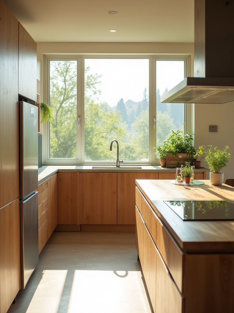 A modern kitchen showcasing sustainable design, featuring reclaimed wood island, recycled glass countertops, and ample natural light, emphasizing a greener home.