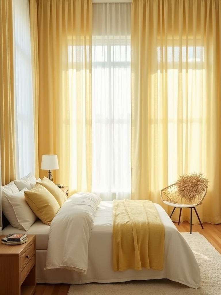 Bedroom with yellow window treatments diffusing light