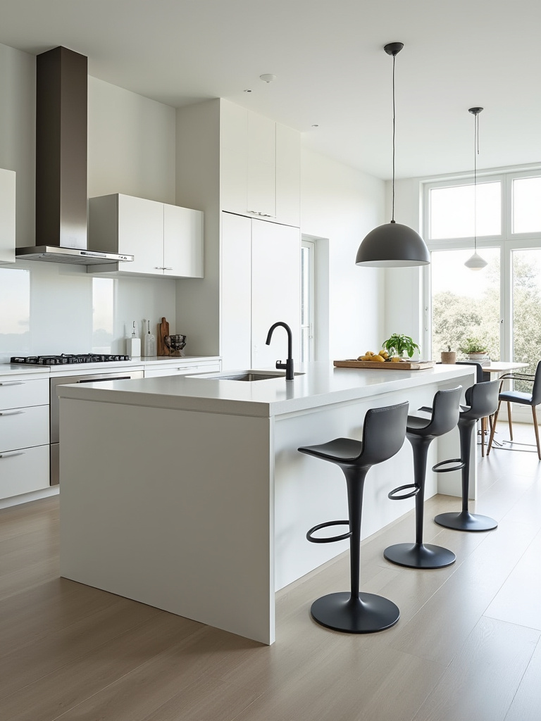 Modern kitchen with a versatile functional island, featuring sleek design, ample storage, comfortable seating with bar stools, and integrated appliances like a cooktop and prep sink under bright natural light.