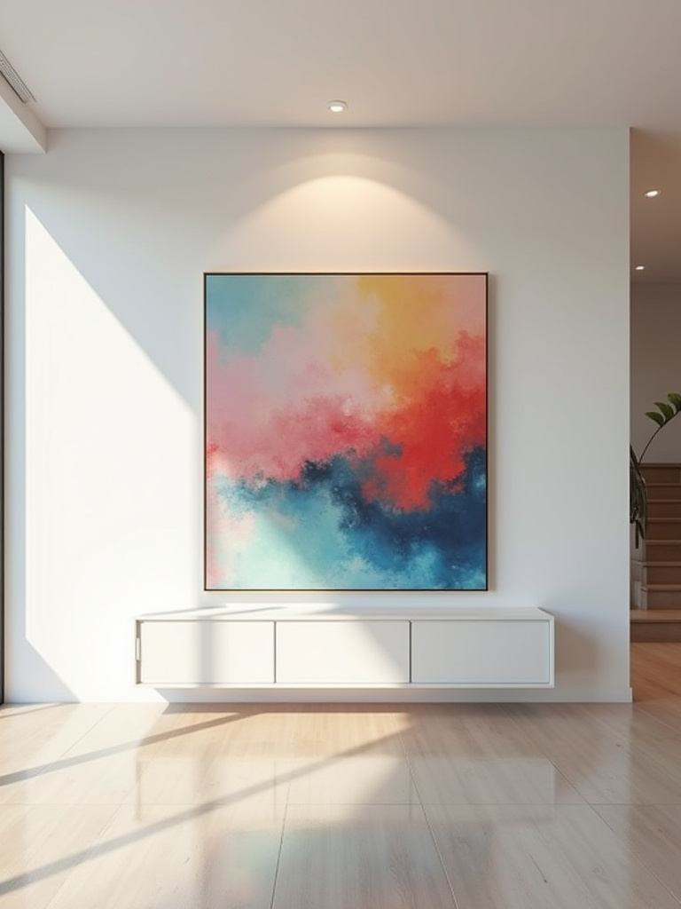 Vibrant abstract painting acting as a large statement artwork above a sleek modern console table in a minimalist living room, beautifully lit by natural light and subtle picture lighting, defining a strong focal point.