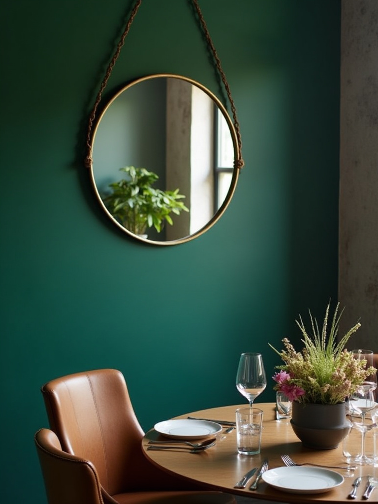 Dining room with emerald green accent wall featuring a large brass-framed round mirror, reflecting natural light and elegant decor.