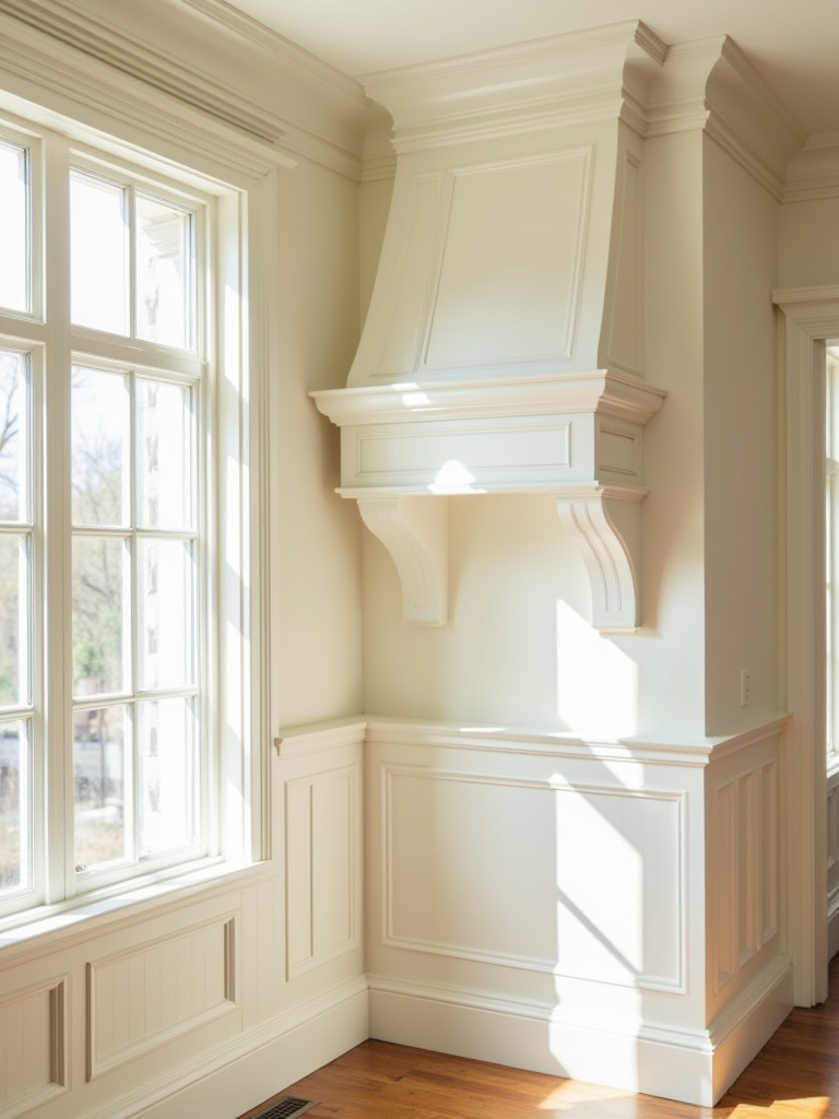 Portrait of a traditional kitchen highlighting crown molding, wainscoting, and decorative door casings.