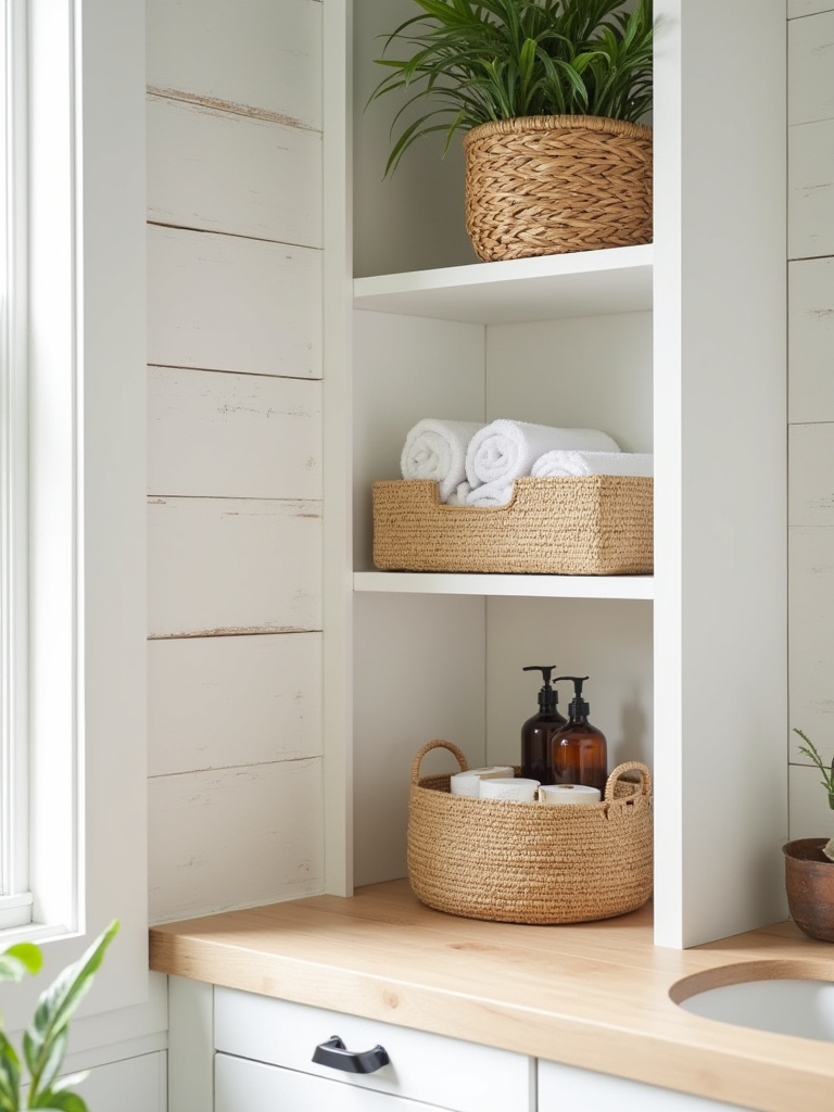 Collection of natural woven seagrass and wicker baskets on open shelves and under a vanity in a well-lit farmhouse bathroom, holding towels and toiletries, showcasing effective clutter control and rustic decor.