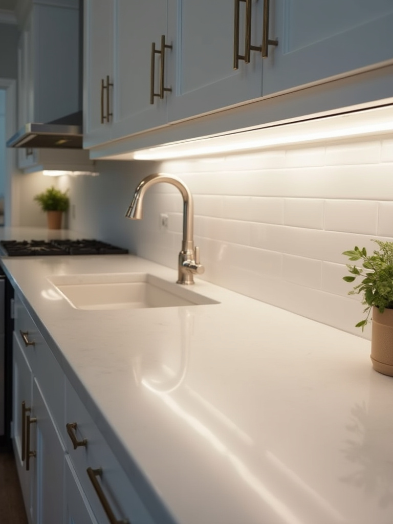 Bright under-cabinet lighting illuminating a clean kitchen workspace