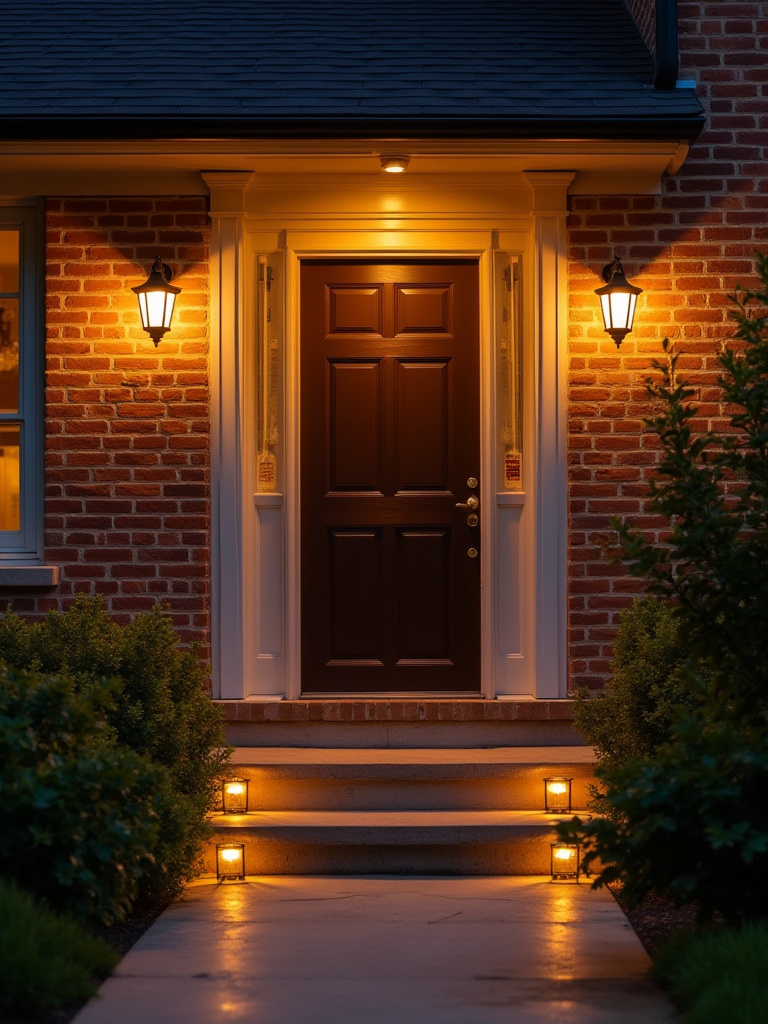 Front entry with warm exterior lighting at dusk