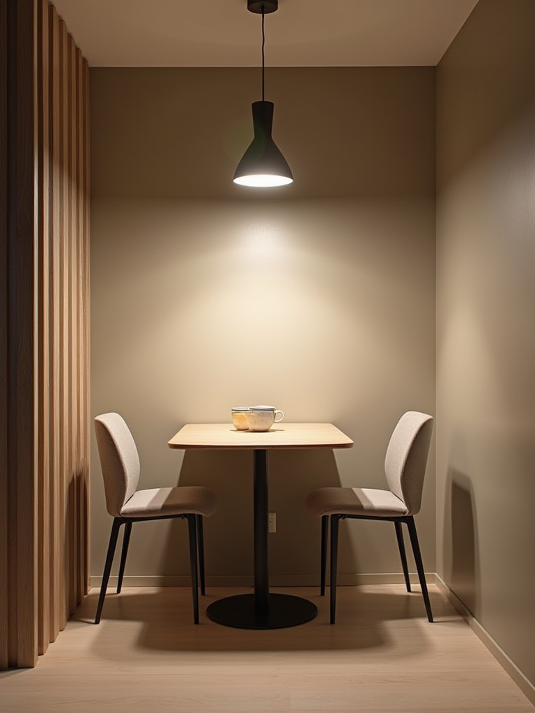 A modern small dining room with smart lighting, showing both a warm ambient glow from recessed lights and bright task lighting from a pendant over a dining table, illustrating versatility.