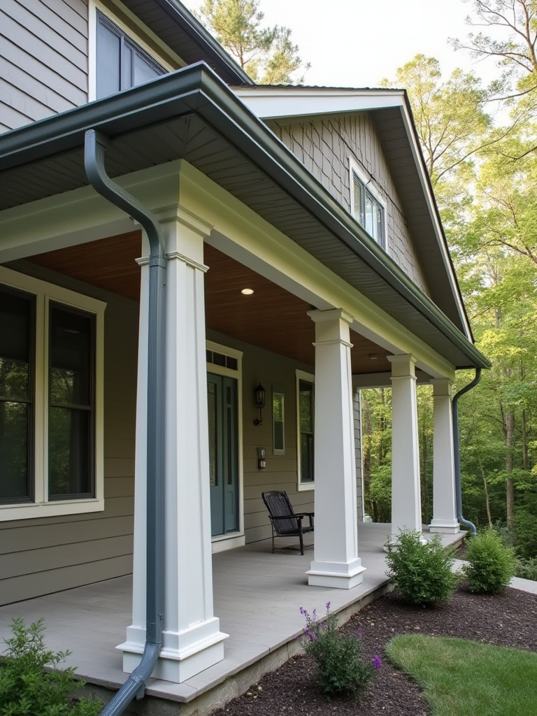 Portrait view of a porch with a durable roof system overhang, showing posts, flashing, and gutters.