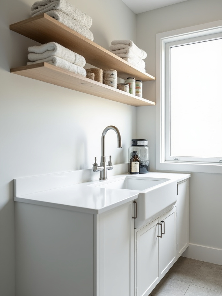 A professional image of a clean and modern white utility sink with a gooseneck pull-down faucet in a well-lit mudroom. The sink is deep and functional, surrounded by neat shelves with cleaning supplies and organized cabinetry, emphasizing convenience for handwashing and cleaning.