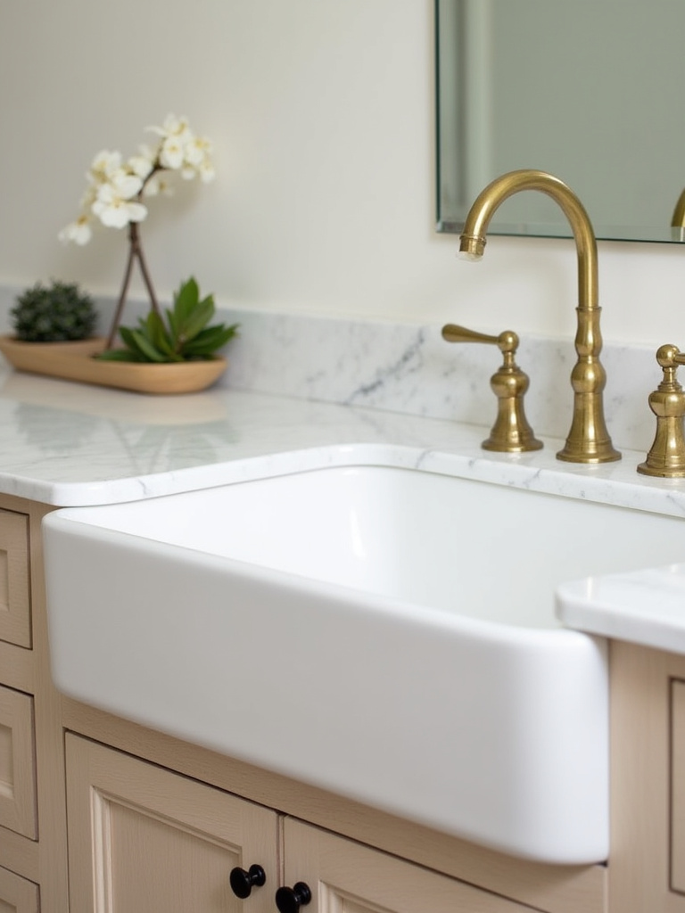 White fireclay farmhouse sink perfectly installed in a traditional wooden vanity, showcasing its deep basin and apron front in a well-lit farmhouse bathroom.