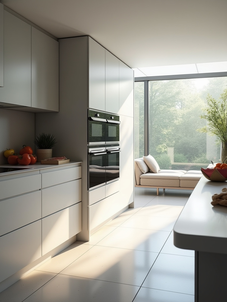 Modern kitchen with sleek, integrated smart oven and refrigerator, highlighting purposeful smart kitchen appliances for enhanced cooking.