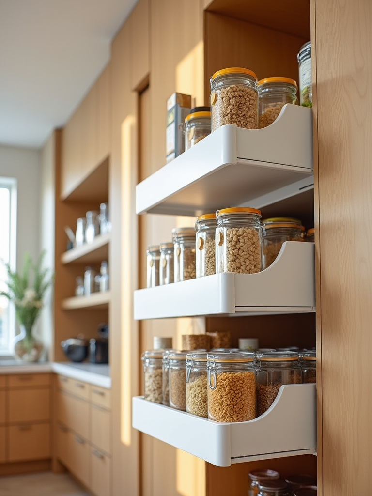 Modern kitchen pantry with integrated white pull-out shelves, neatly organized with food containers, maximizing storage space and accessibility.