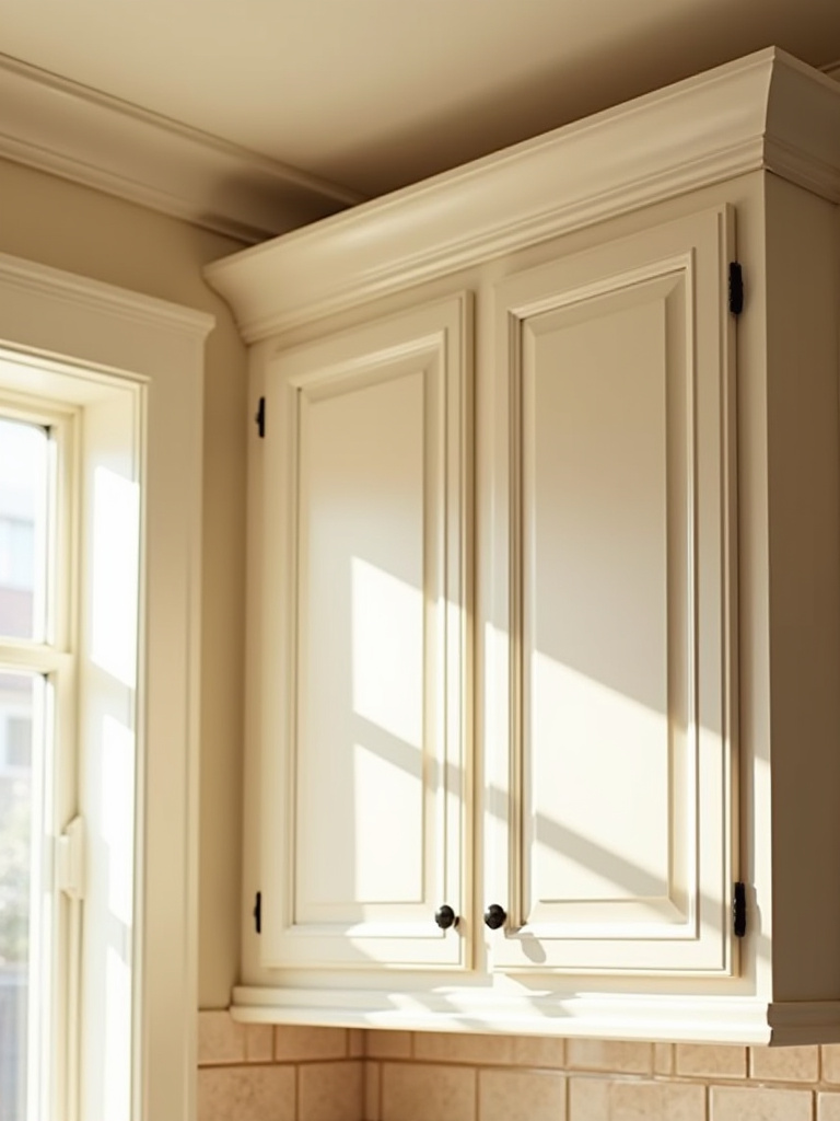 Portrait view of a traditional kitchen with crown molding and decorative trim along ceiling and cabinetry