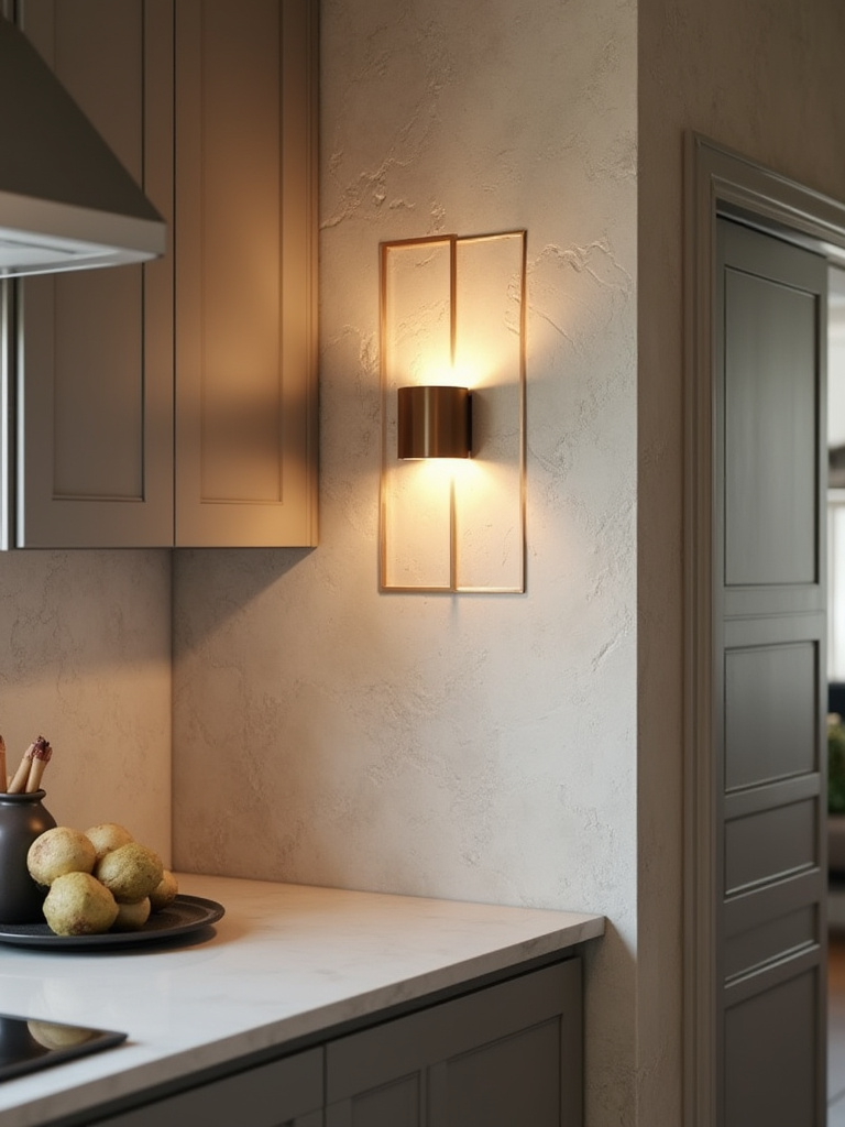 Portrait view of kitchen wall sconces casting warm ambient wash on textured wall