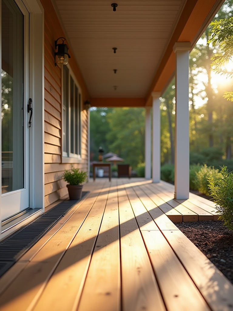 Portrait of a porch showing graded slope, gutters, and drainage features to prevent water damage